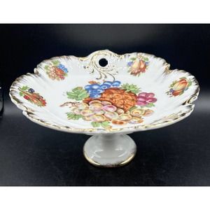 Antique Pedestal Hand painted Cutout Design Gold Trim W Fruit ￼Bowl Design ￼